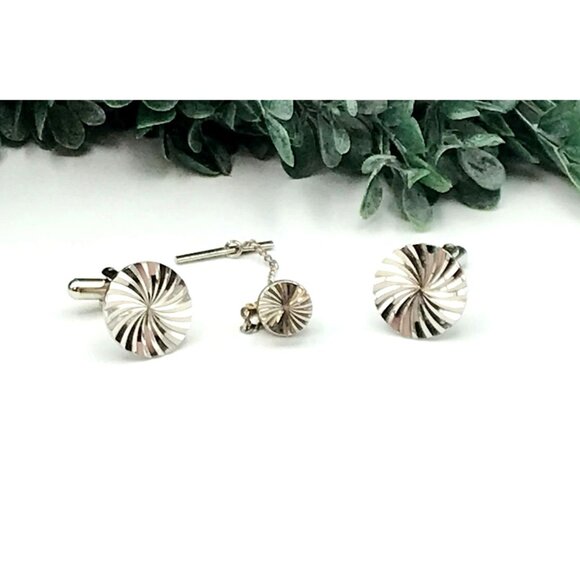 Vintage Silver-Tone Swirl Mens Cufflinks & Tie Tack Set With Chain Classic Desig - Picture 1 of 2